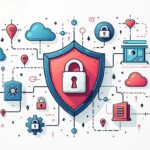 A secure digital shield surrounded by various cybersecurity elements like firewalls