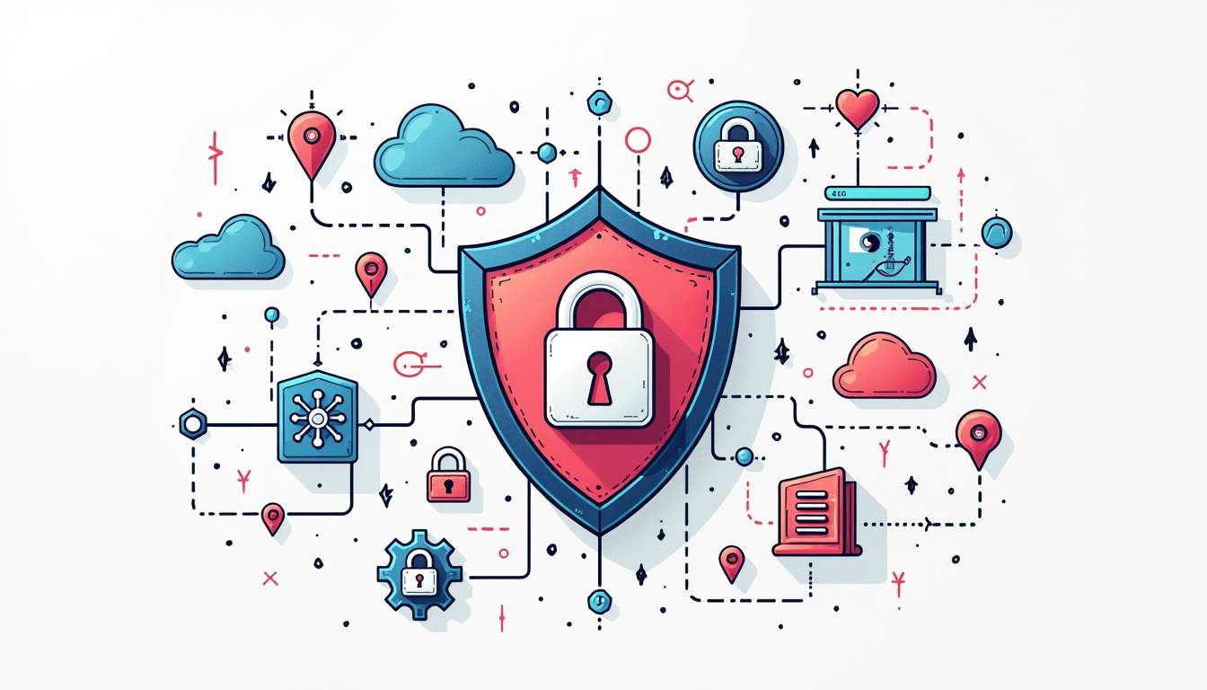 A secure digital shield surrounded by various cybersecurity elements like firewalls