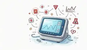 A medical device surrounded by a visual representation of the cvss (common vulnerability scoring system) framework